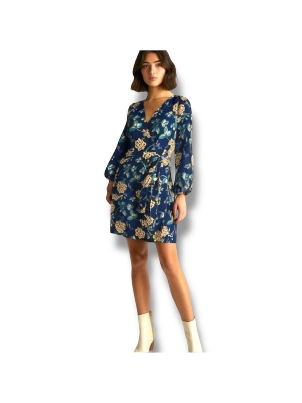 J. Crew Floral Wrap Dress 00, 3/4 Sleeve, V-Neck, Knee-Length/MIDI, Navy, Yellow